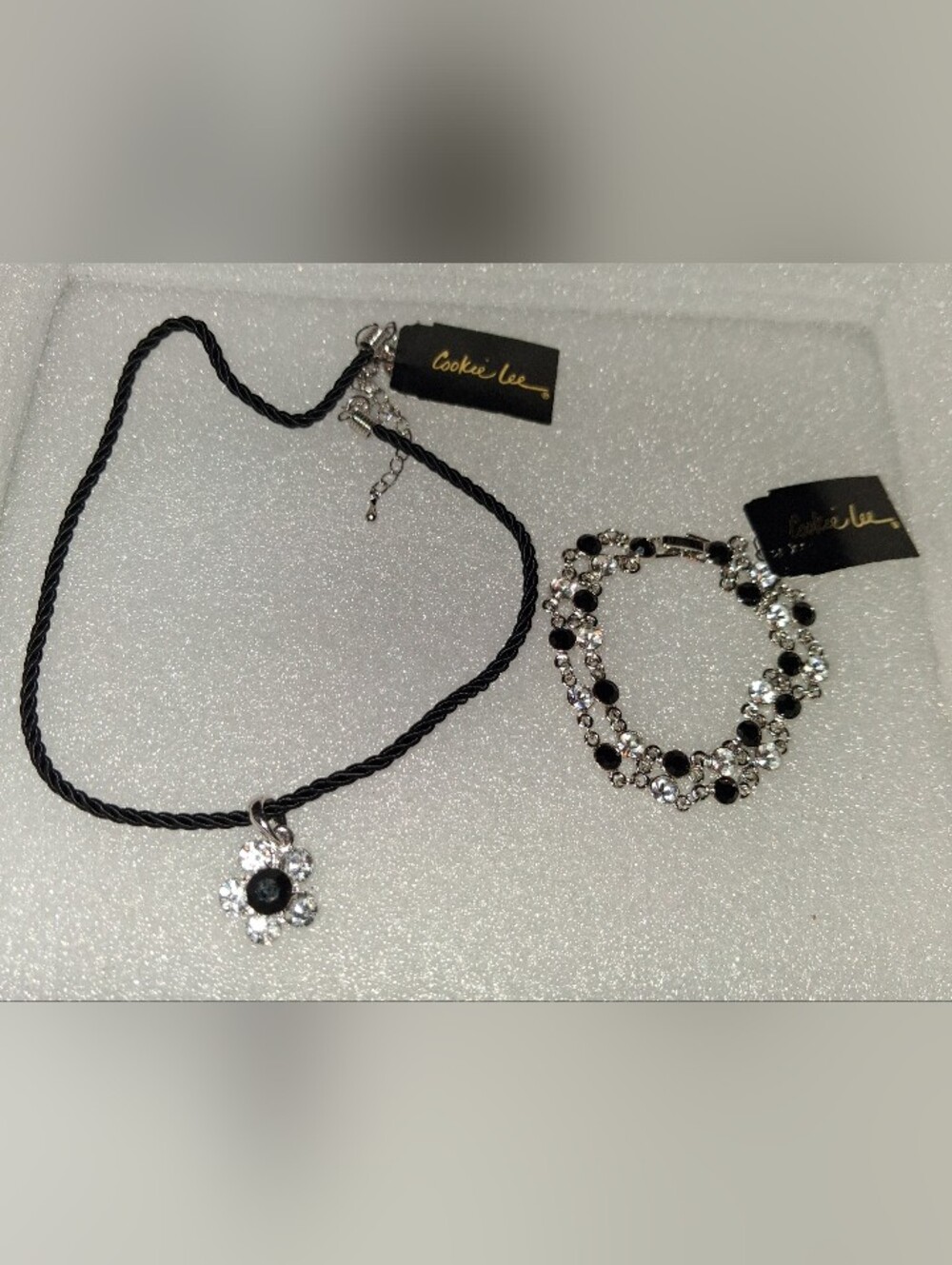 Cookie Lee Black and Silver Floral Pendant Necklace